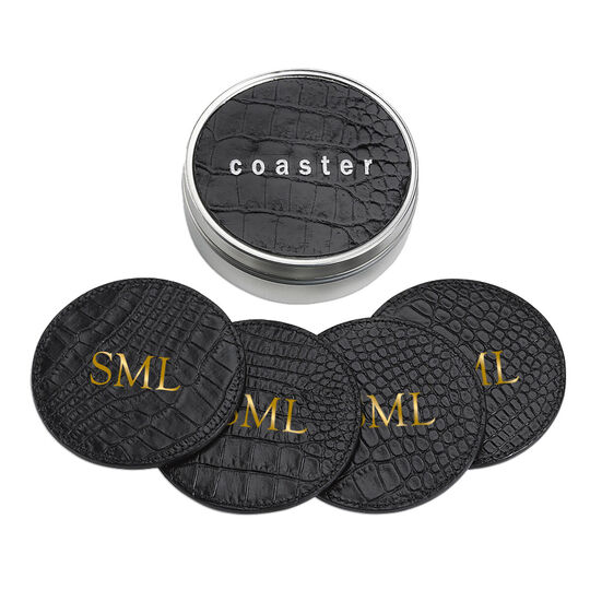 Black Crocodile Embossed Leather Coasters with Tin Box